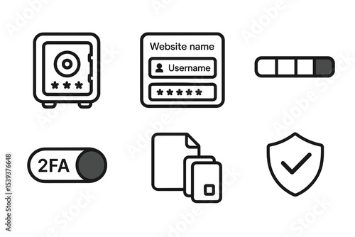 Digital security icons: safe, password, 2fa, files, shield, verification