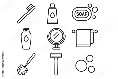 Bathroom essentials icon set: soap, toothbrush, towel, mirror, shaving supplies