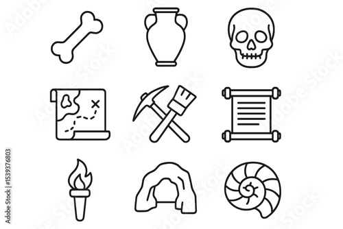 Collection of archaeology icons featuring tools, artifacts, and fossils