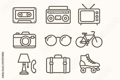 Retro icons: cassette, boombox, vintage tv, camera, glasses, bicycle, lamp, suitcase, roller skate