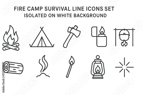 Fire camp survival line icons set on white background