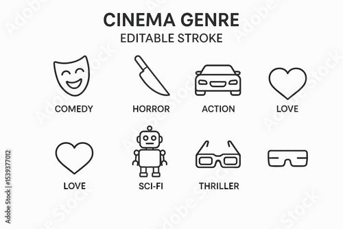 Cinema genres icons: comedy, horror, action, love, sci-fi, thriller
