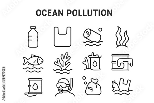 Icons highlighting ocean pollution: plastic, waste, marine life, and clean-up efforts