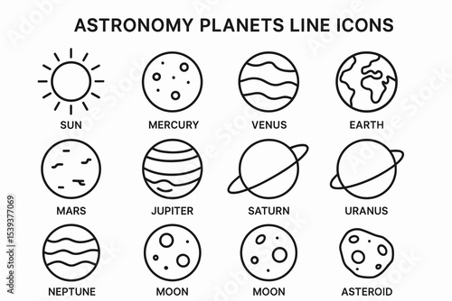 Astronomy planets line icons: sun, mercury, venus, earth, mars, jupiter, saturn, uranus, neptune, moon, asteroid