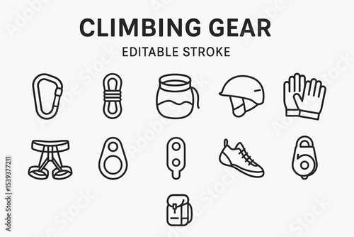 Climbing gear icons: carabiner, rope, helmet, gloves, shoes, and more