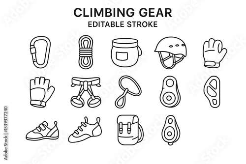 Climbing gear outline: carabiner, rope, helmet, shoes, harness, chalk bag
