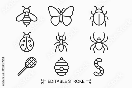 Insect outline icons: bee, butterfly, beetle, ladybug, ant, spider, swatter, beehive, worm