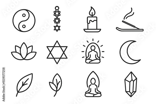 Set of meditation and spiritual symbols: yin yang, mandala, candle, incense, lotus, star, buddha
