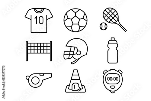 Sports icons set with ball, helmet, jersey, and equipment