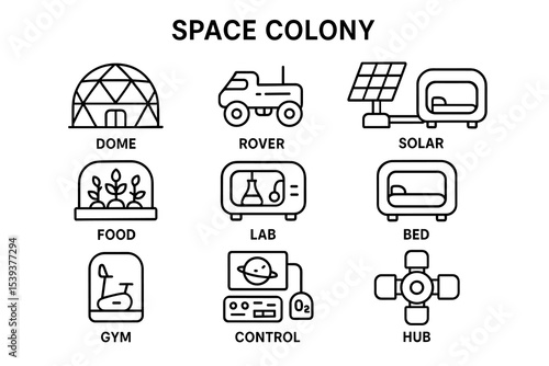 Space colony elements: dome, rover, solar, lab, bed, gym, control, hub