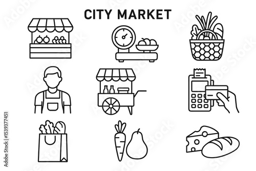 City market outline icons: vendor, produce, and payment methods
