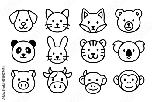 Simple black and white animal faces illustration featuring twelve cartoon animal heads
