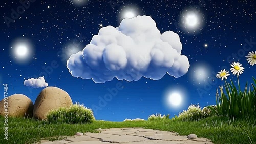 Whimsical Night Scene Fluffy White Cloud over Grassy Path
