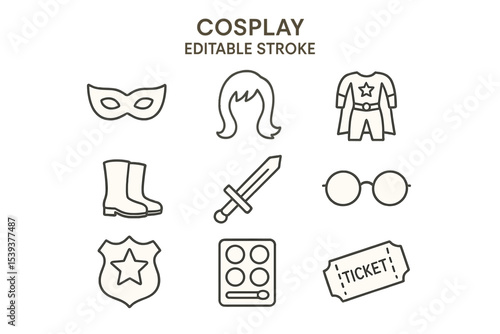 Cosplay icon set: masks, costumes, sword, shield, boots, glasses, ticket