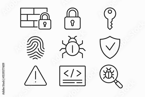Cybersecurity icons set with lock, key, fingerprint, bug, and shield symbols