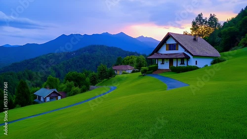 White House on Green Hillside at Sunset with Mountain View