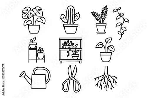 Black and white outline of various potted plants and gardening tools