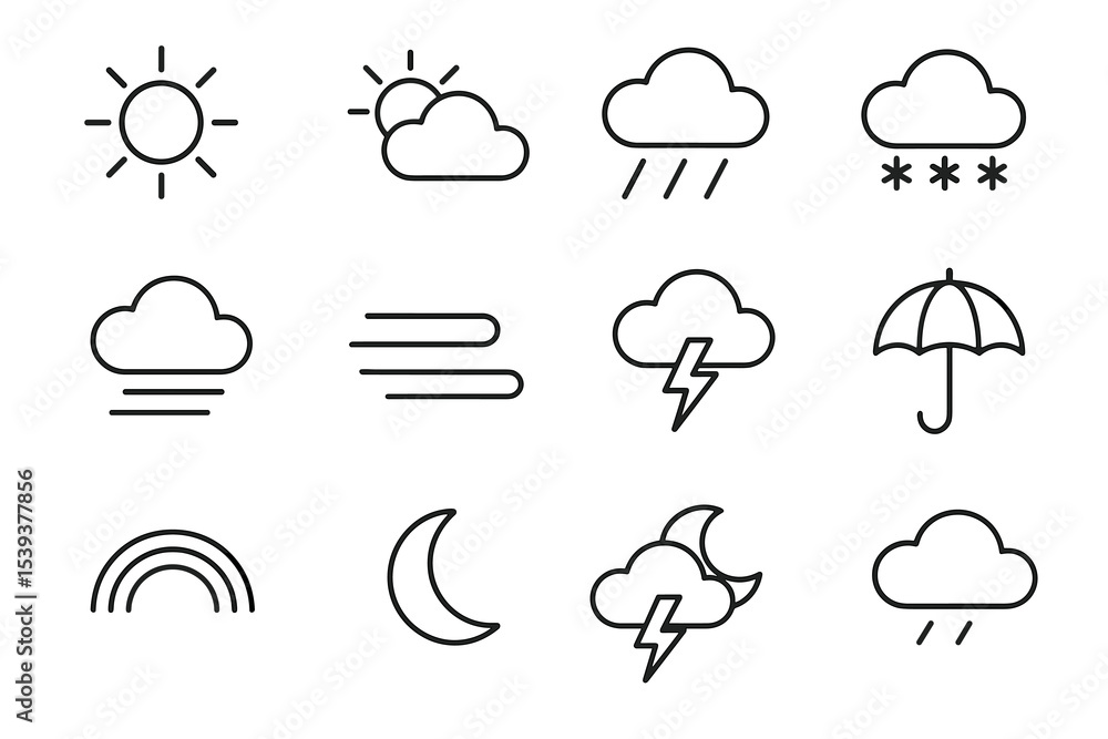 Weather icons set: sun, clouds, rain, snow, thunder, umbrella, moon, rainbow Weather icons set: sun, clouds, rain, snow, thunder, umbrella, moon, rainbow