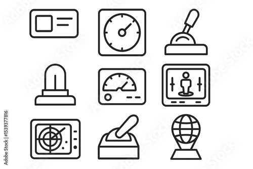 Set of line art marine instruments and controls icons for navigation and safety