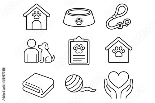 Pet care icons: doghouse, feeding bowl, leash, shelter, towel, ball, heart hands