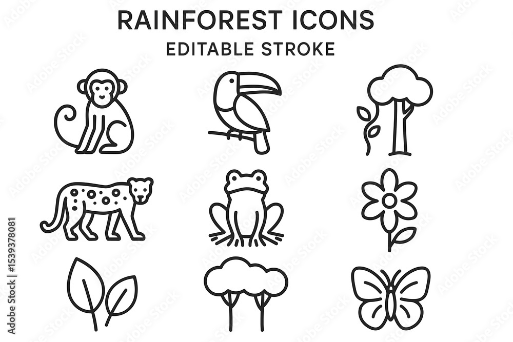 Rainforest icons: monkey, toucan, jaguar, frog, flower, tree, butterfly Rainforest icons: monkey, toucan, jaguar, frog, flower, tree, butterfly