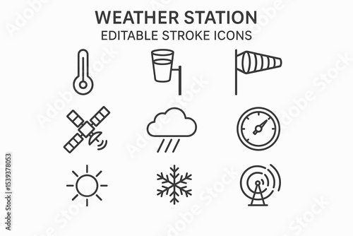 Weather station icons: thermometer, wind sock, rain cloud, satellite, compass