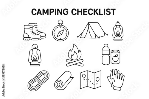 Essential camping checklist: boots, compass, tent, lantern, campfire, rope, map, supplies