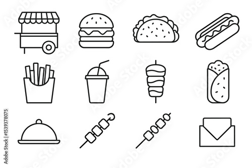 Assorted fast food icons: burger, taco, hot dog, fries, drink, kebab, wrap