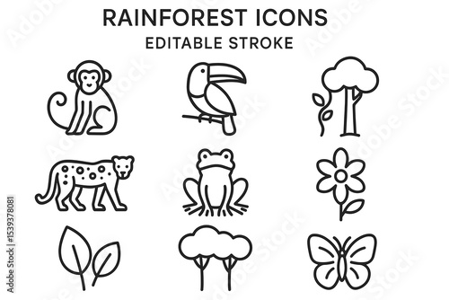 Rainforest icons: monkey, toucan, jaguar, frog, flower, tree, butterfly