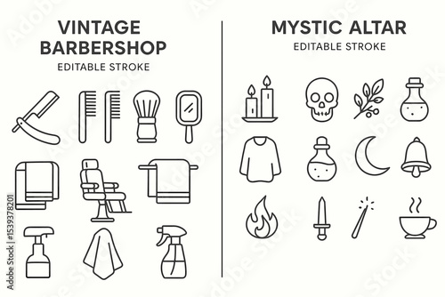 Vintage barbershop tools and mystic altar icons line art collection
