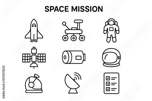 Space mission icons: rocket, rover, astronaut, satellite, helmet, telescope, antenna, checklist