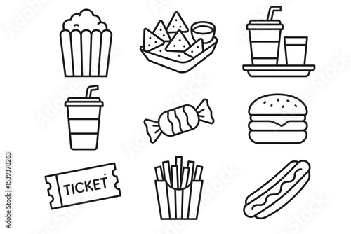 Set of cinema snack icons including popcorn, nachos, drinks, and fast food