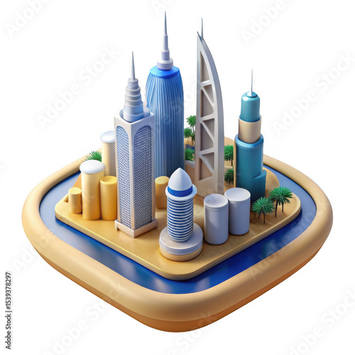 3d stylized dubai skyline icon isolated on transparent background