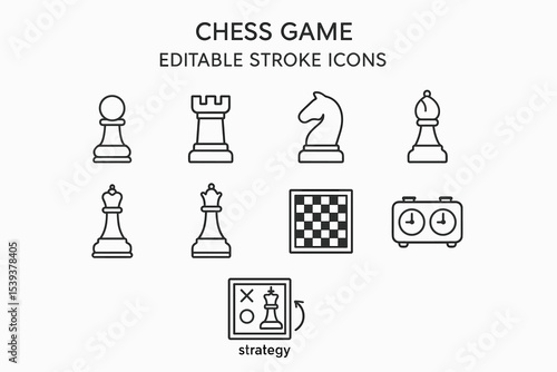 Chess game icons set featuring pieces and board with editable stroke style