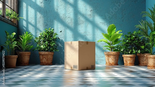Cardboard box amidst potted plants in a sunlit room.