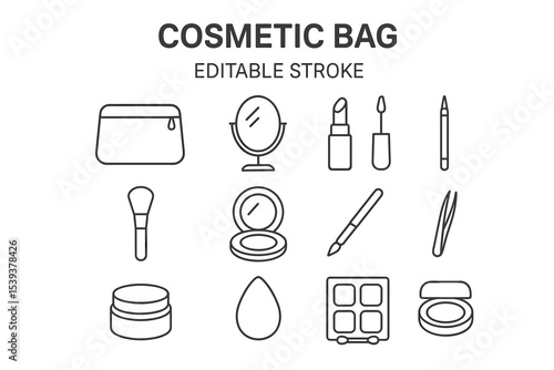 Outline icons of cosmetic bag essentials: mirror, makeup, tweezers, lipstick, brushes
