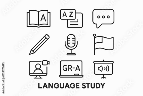 Language study icons: book, speech, flag, online learning tools