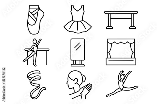 Ballet icons: shoes, dress, barre, mirror, stage, ribbon, dancer, ballerina pose