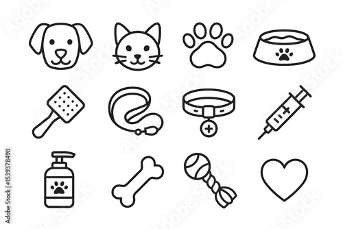 Pet care icons: dog, cat, paw prints, collars, toys, and supplies