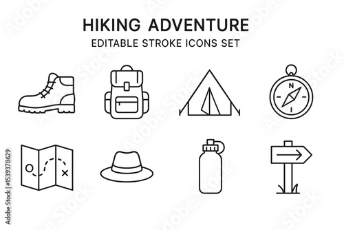 Hiking adventure icon set: boot, backpack, tent, compass, map, hat, bottle, sign