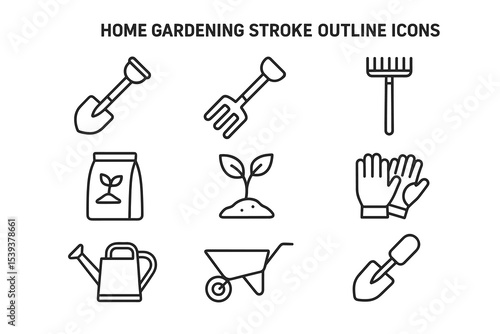 Home gardening tools outline icons featuring shovel, rake, gloves, and watering can