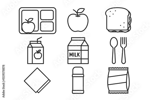 Black and white outline icons of lunch items including tray, apple, sandwich, and milk
