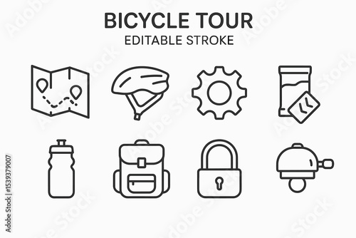 Bicycle tour essentials: helmet, gear, map, lock, bell icons for cycling