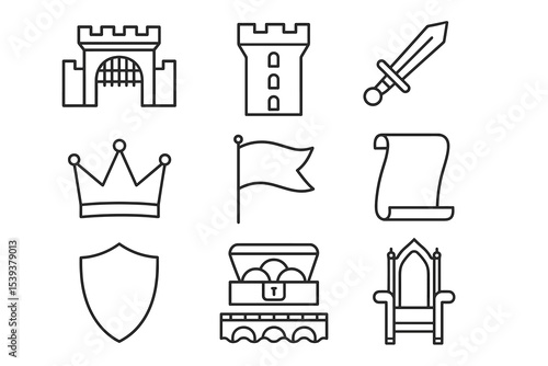 Wallpaper Mural Medieval icons set: castle, sword, crown, shield, flag, scroll, treasure, throne Torontodigital.ca