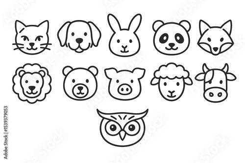 Cute animal face icons: cat, dog, rabbit, panda, fox, lion, bear, pig, sheep, cow, owl