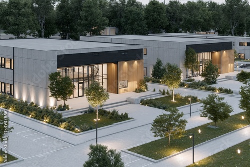 Modern Industrial Park  Aerial View of Concrete Buildings  Landscaping  and Parking