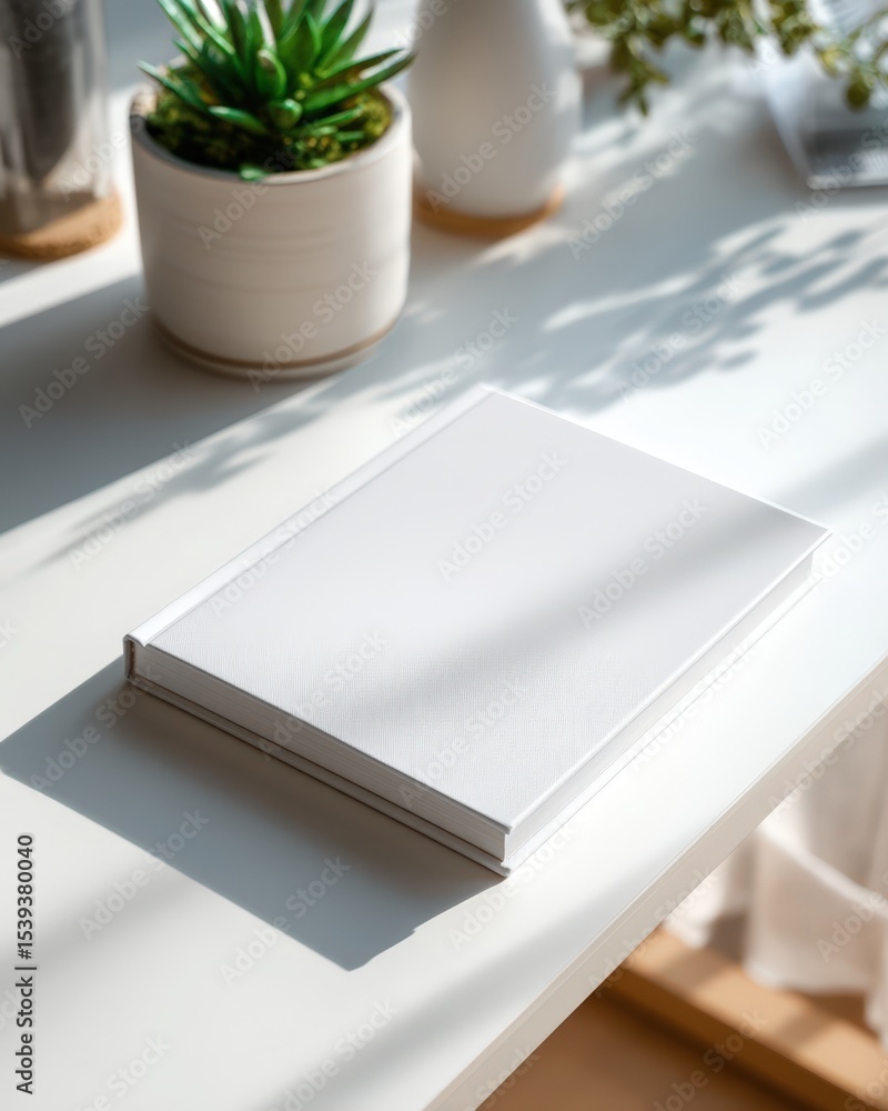 Fototapeta premium Mockup of a Closed Notebook with Plain Cover on a Light Desk Surrounded by Indoor Plants