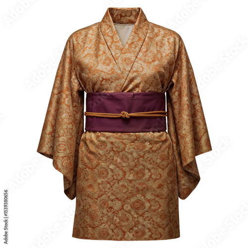 Traditional Japanese kimono with intricate gold pattern and obi belt  