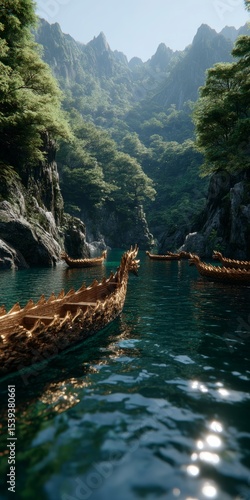 Majestic Dragon Boats Race on Serene Lake  Cinematic Lighting  Mountain Landscape