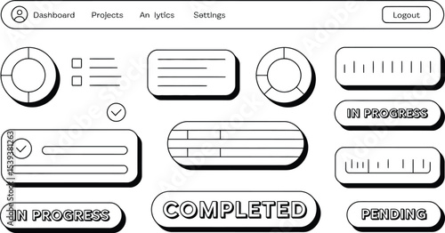 Black and white line art ui interface elements depicting dashboards progress status and user interface components